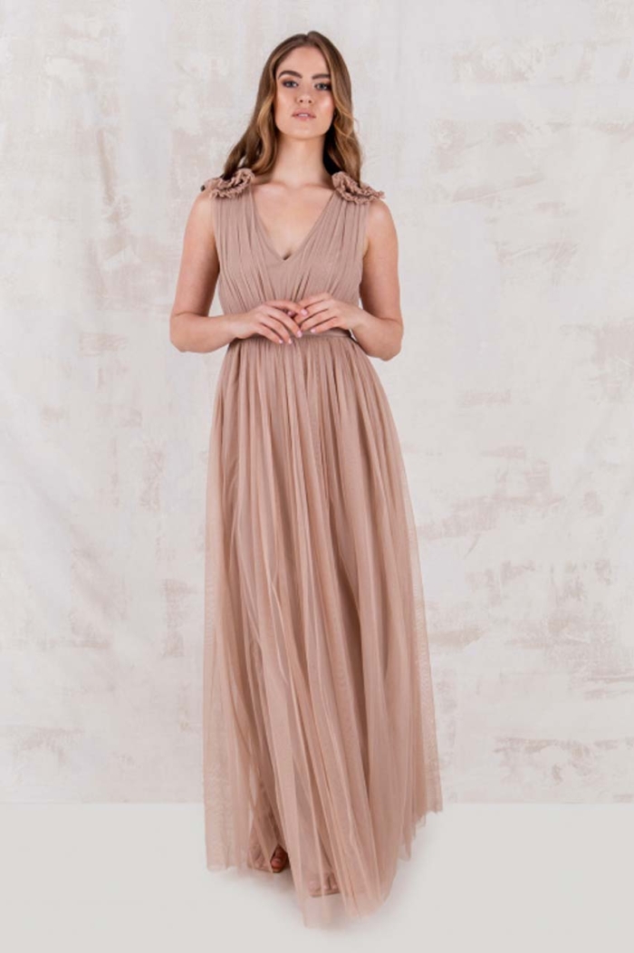 goddess ruffle shoulder επίσημο φόρεμα τούλι taupe blush