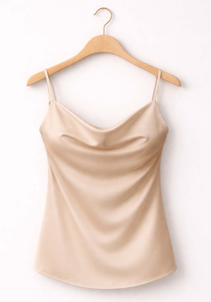 Μπεζ σατέν τοπ με ντραπέ λαιμόκοψη και λεπτές τιράντες