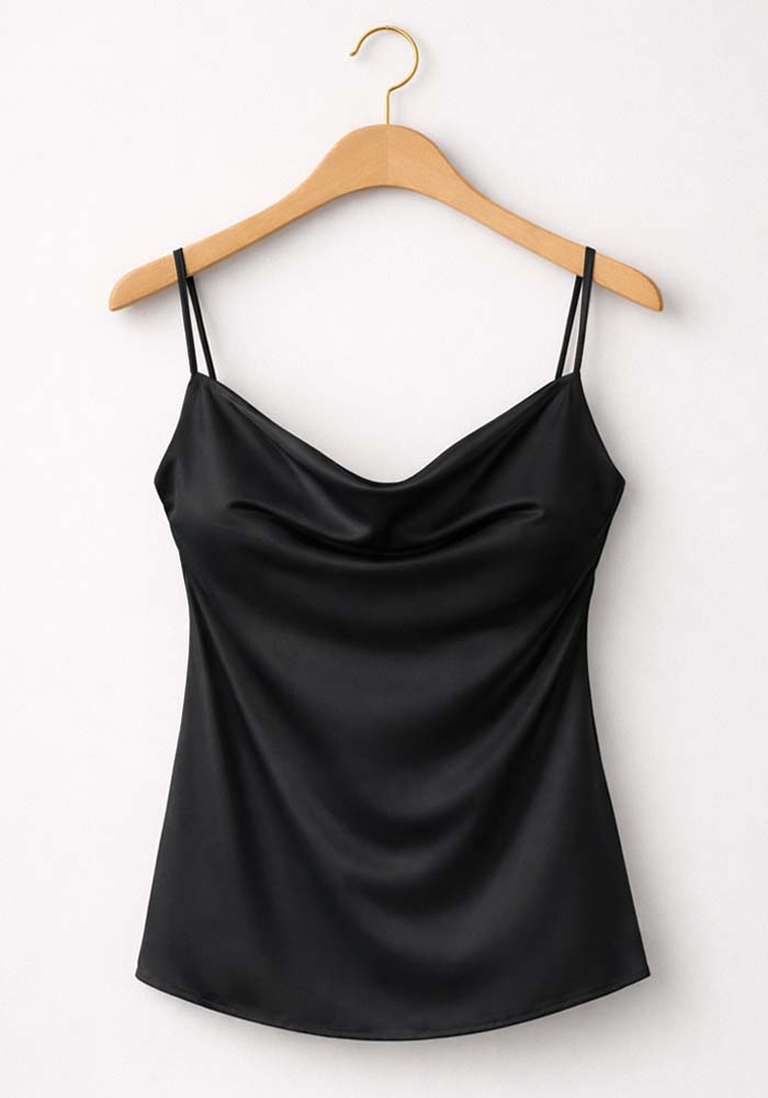 Μαύρο σατέν τοπ με ντραπέ λαιμόκοψη και λεπτές τιράντες