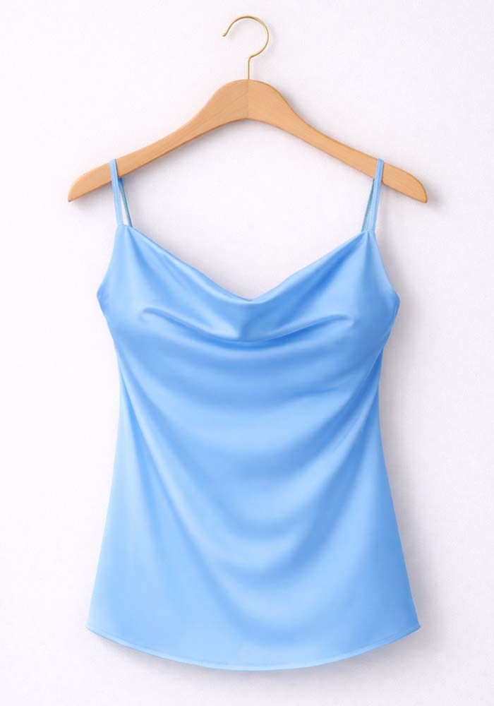 Σιέλ σατέν τοπ με ντραπέ λαιμόκοψη και λεπτές τιράντες