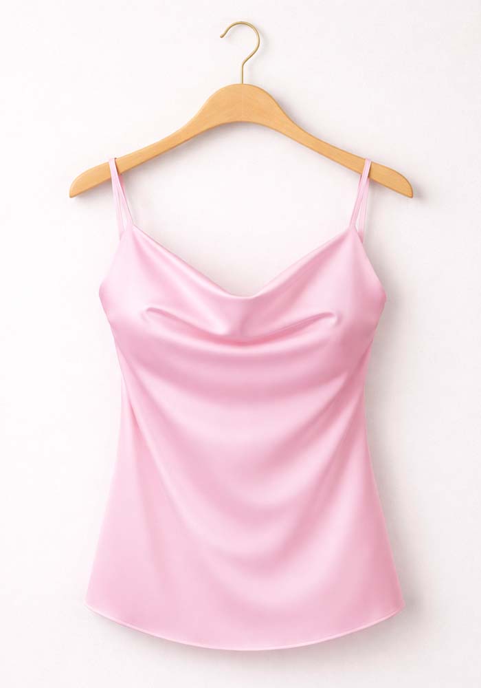 Ροζ σατέν τοπ με ντραπέ λαιμόκοψη και λεπτές τιράντες σε dusty pink απόχρωση
