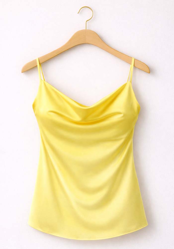 Κίτρινο σατέν τοπ με ντραπέ λαιμόκοψη και λεπτές τιράντες
