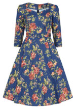 Μπλε vintage φόρεμα με floral print, V λαιμόκοψη, ζώνη και 3/4 μανίκι