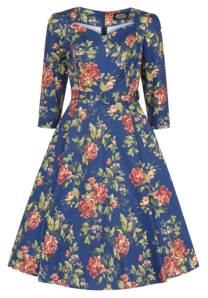 Μπλε vintage φόρεμα με floral print, V λαιμόκοψη, ζώνη και 3/4 μανίκι