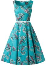 Τιρκουάζ vintage φόρεμα με floral print, bateau λαιμόκοψη και λευκή ζώνη