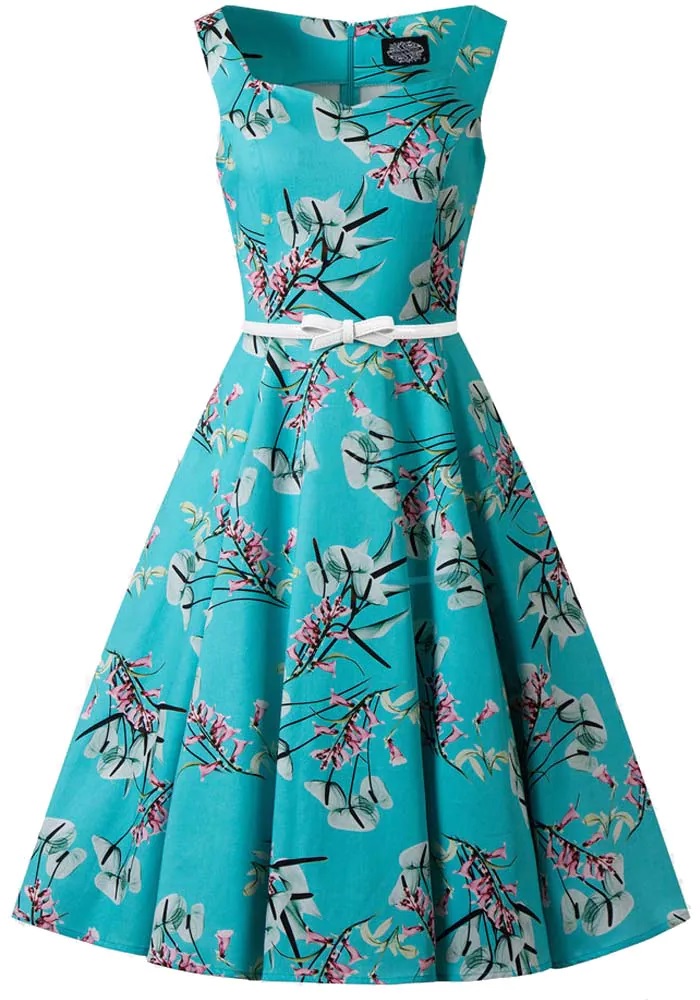 Τιρκουάζ vintage φόρεμα με floral print, bateau λαιμόκοψη και λευκή ζώνη