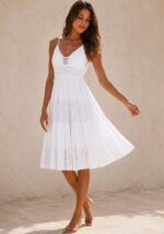 Λευκό boho mini φόρεμα August με crochet μπούστο, δαντέλα και αέρινη γραμμή
