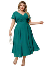 Πετρόλ plus size φόρεμα με κάπα μανίκια, μάξι μήκος και V λαιμόκοψη