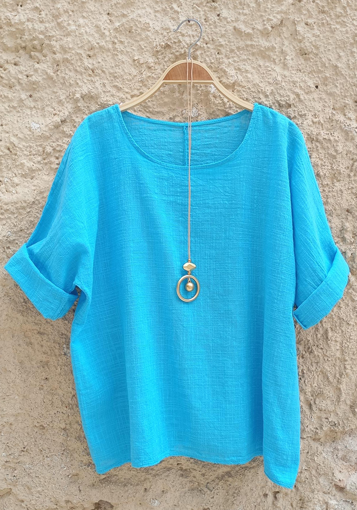 Oversized τιρκουάζ μπλούζα με στρογγυλή λαιμόκοψη και μανίκια με ρεβέρ