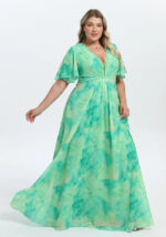 Plus size μάξι φόρεμα με watercolor print, V ντεκολτέ και αέρινα μανίκια σε πράσινο lime αποχρώσεις