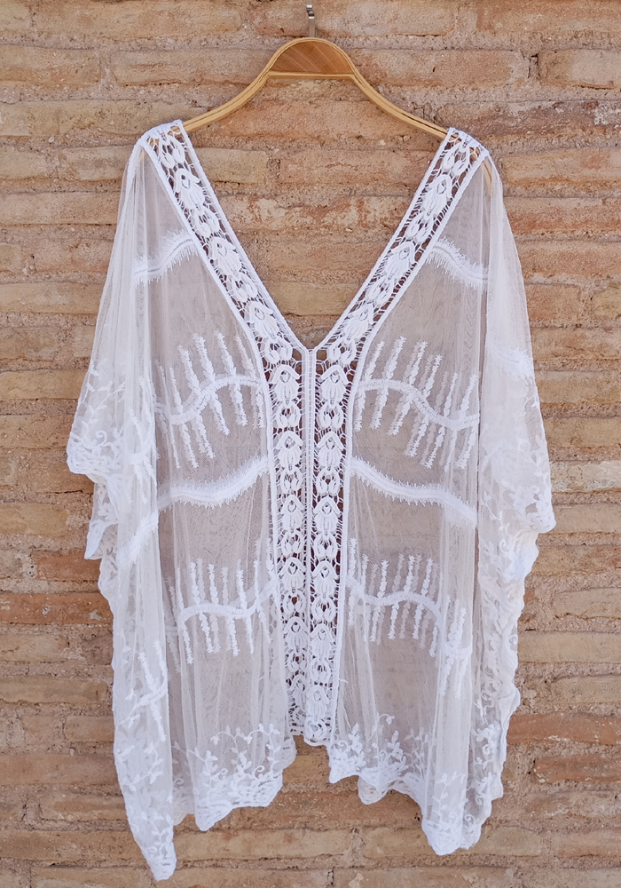 boho chic δαντελένιο κιμονό Sheer λευκό