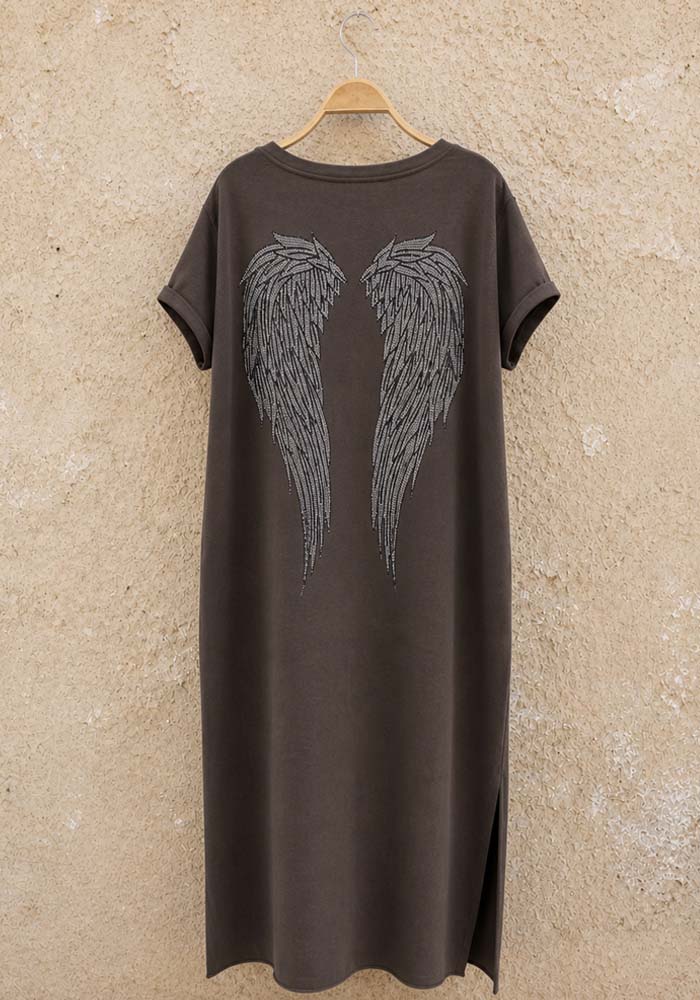 Καφέ βαμβακερό midi φόρεμα Angel με φτερά στην πλάτη, V λαιμόκοψη και ίσια γραμμή.