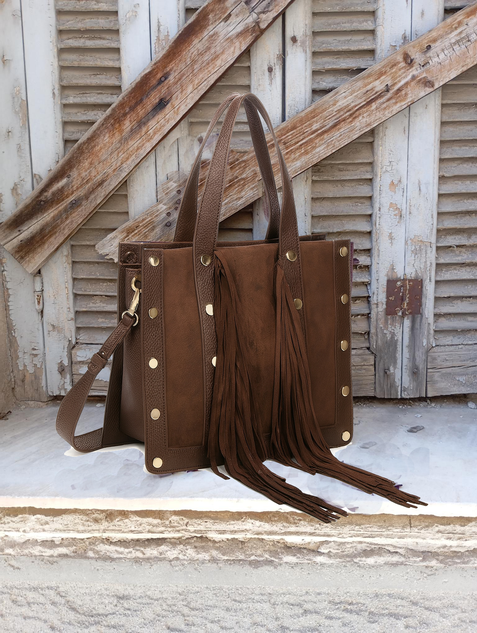 τσάντα suede κρόσσια Carnaby καφέ