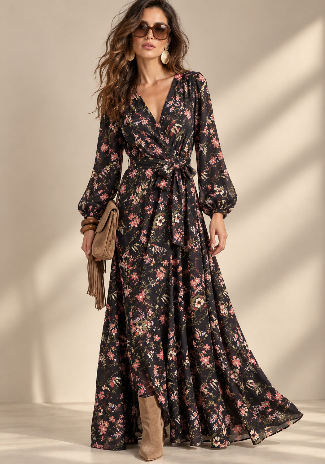 maxi κρουαζέ φόρεμα Floral μαύρο
