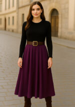 μπορντώ φόρεμα με πλεκτό επάνω μέρος, φούστα με πιέτες και καφέ ζώνη με χρυσή αγκράφα, σε minimal chic γραμμή