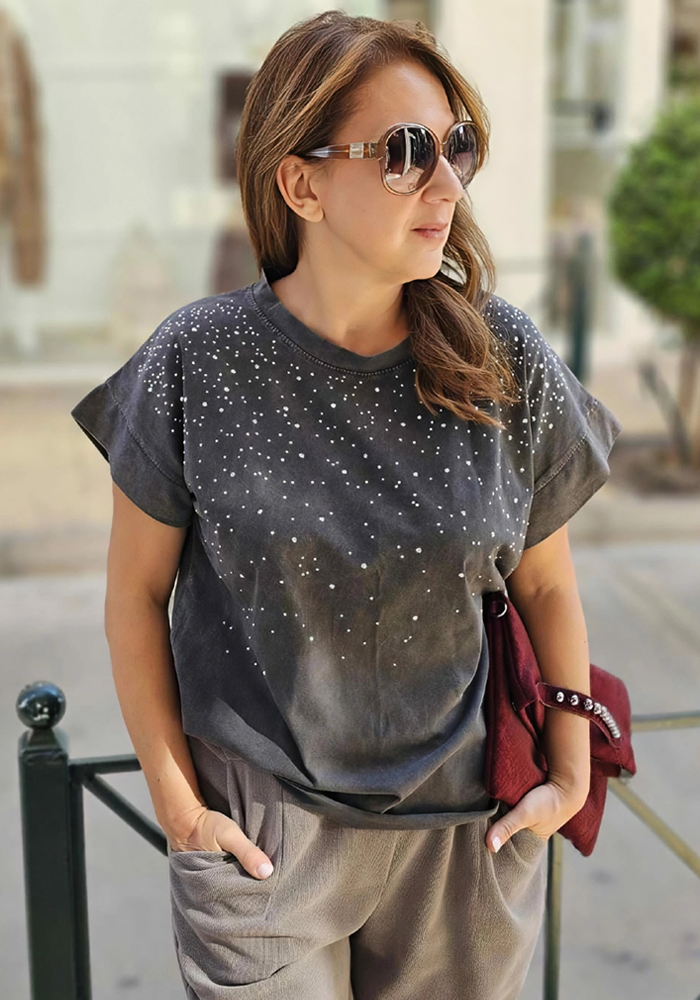 stonewashed Τ-shirt στρας Galaxy ανθρακί