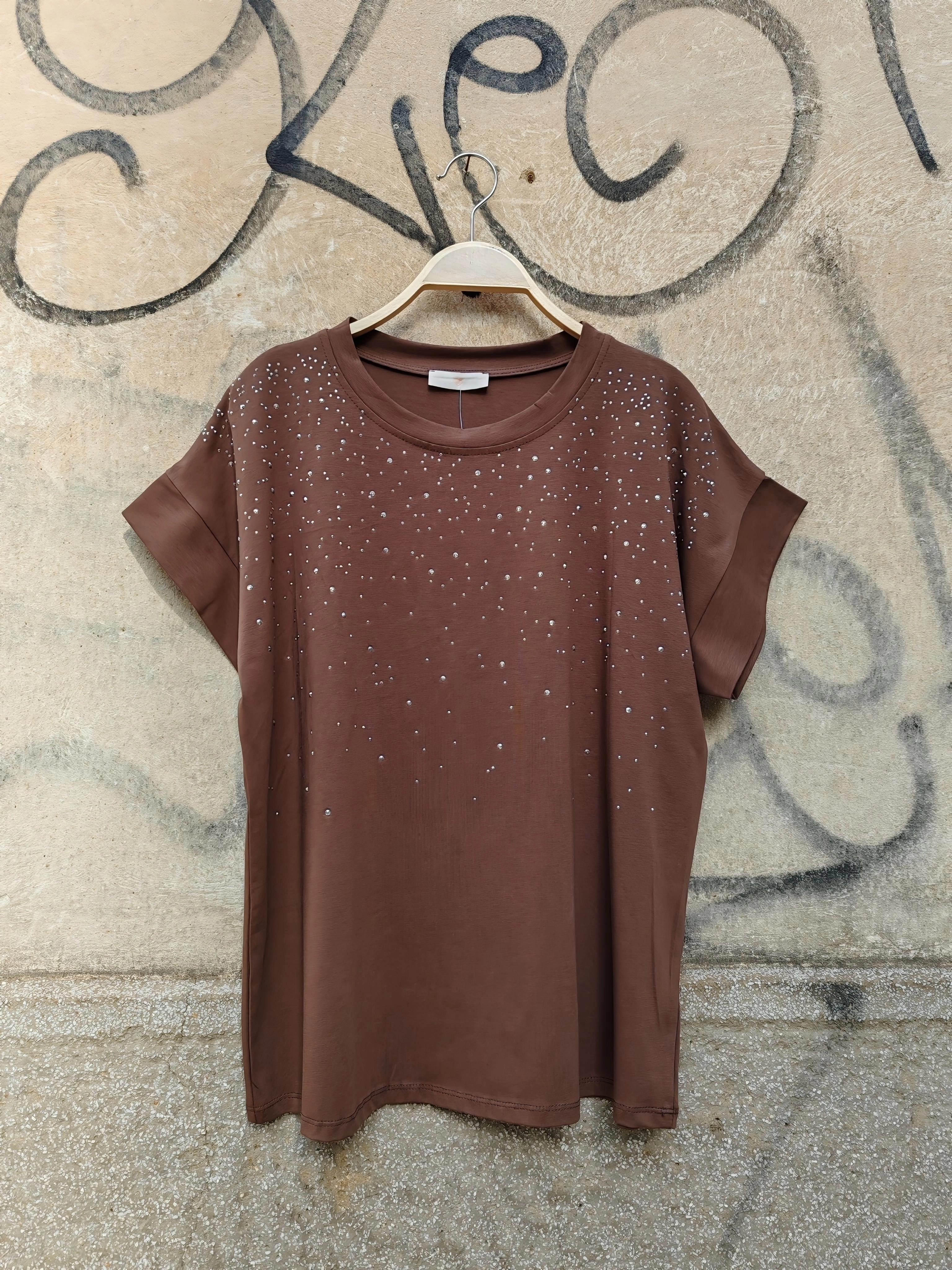 Τ-shirt στρας Galaxy καφέ