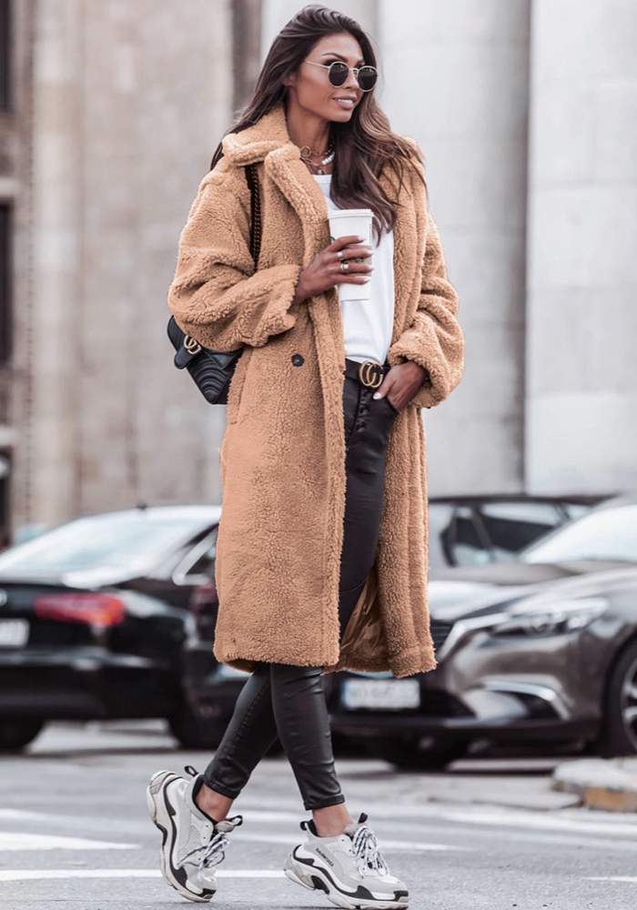 casual παλτό faux γούνα Teddy κάμελ