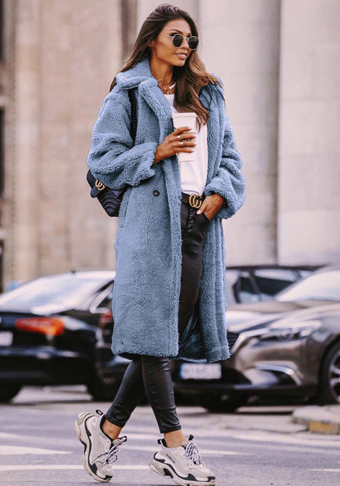casual παλτό faux γούνα Teddy σιέλ