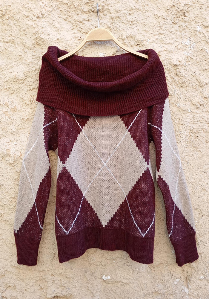 πλεκτή μπλούζα με ρόμβους Oxford μπορντώ