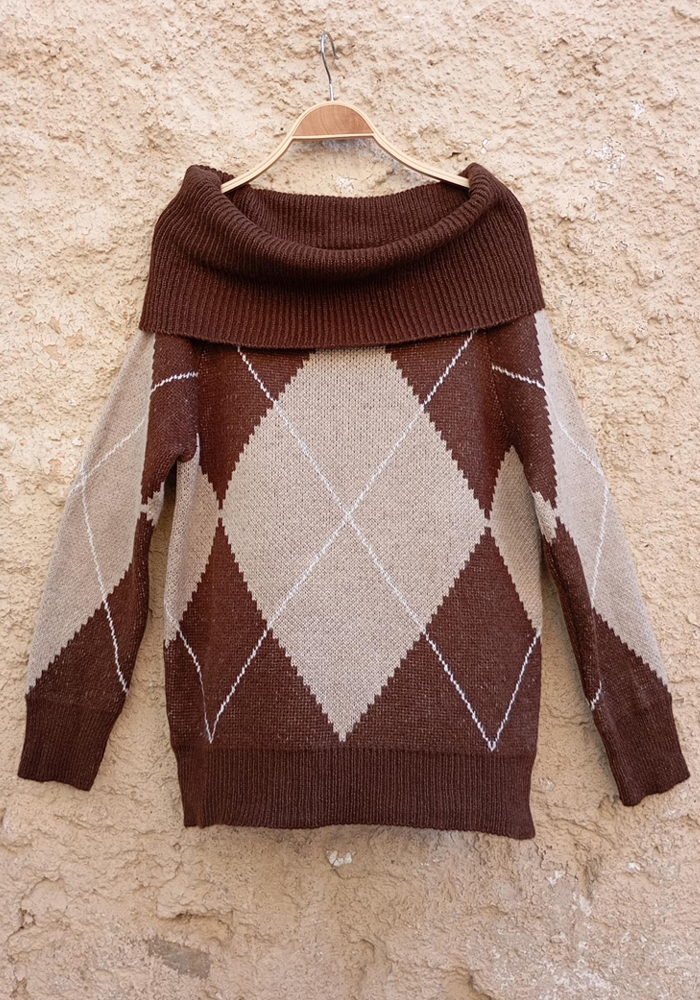 πλεκτή μπλούζα με ρόμβους Oxford καφέ