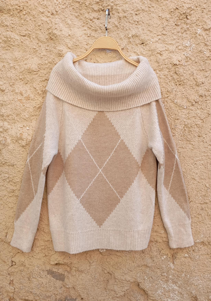 πλεκτή μπλούζα με ρόμβους Oxford εκρού