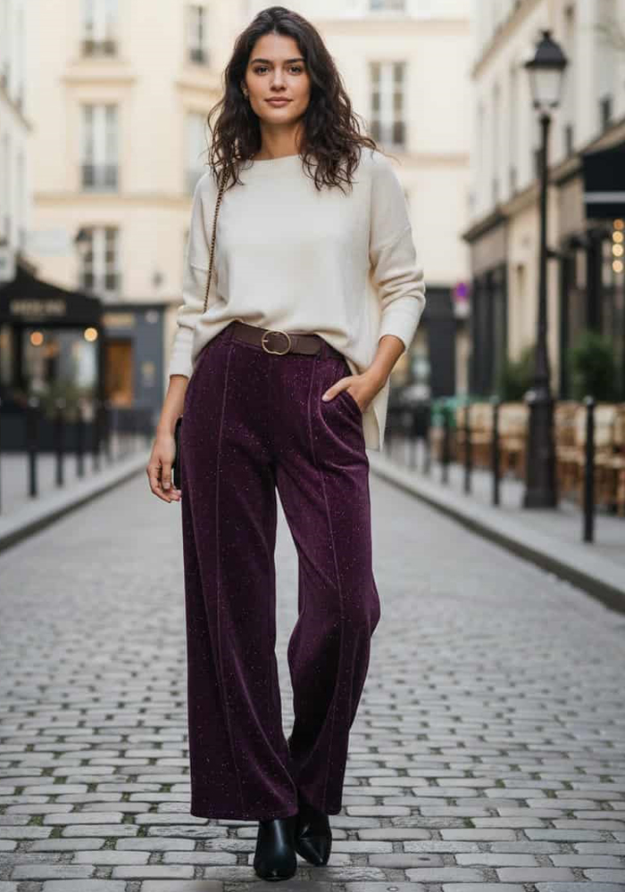 βραδινό βελούδινο ελαστικό foil παντελόνι Serata dark plum