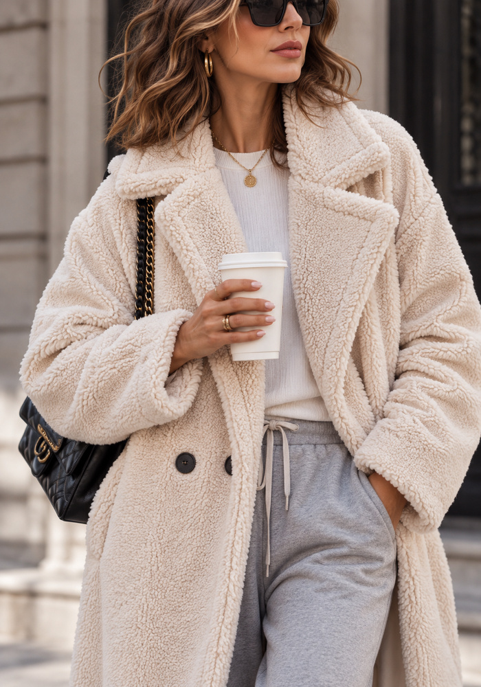 casual oversized παλτό faux γούνα Teddy εκρού