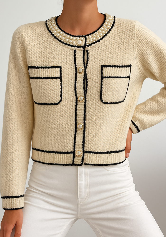 chic luxe πλεκτή ζακέτα πέρλες Vendome εκρού