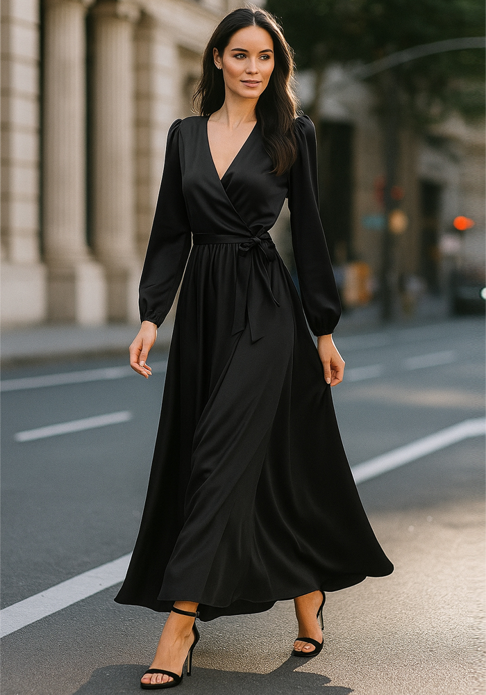 φόρεμα maxi Satin Wrap μαύρο