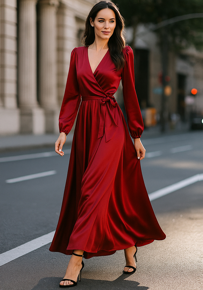 φόρεμα maxi Satin Wrap μπορντώ