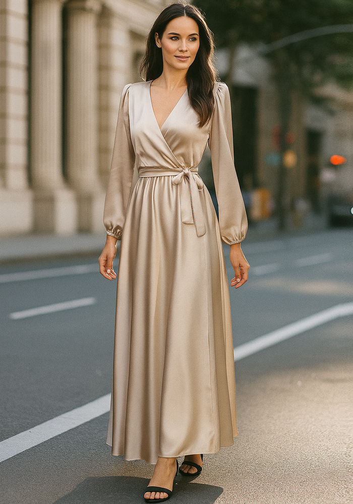 φόρεμα maxi Satin Wrap champagne