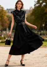 μαύρο midi φόρεμα με παγιετέ μπούστο, A-line φούστα και ζώνη, κομψό βραδινό φόρεμα PerfectDress.