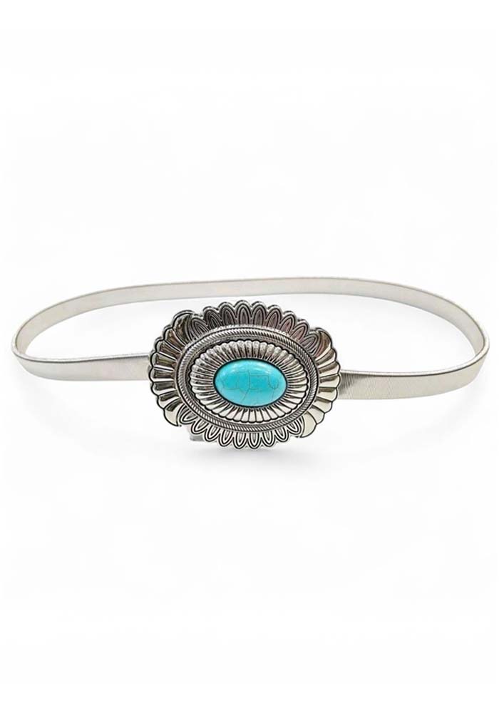 Γυναικεία ασημί μεταλλική ζώνη με διακοσμητική αγκράφα western και τιρκουάζ πέτρα