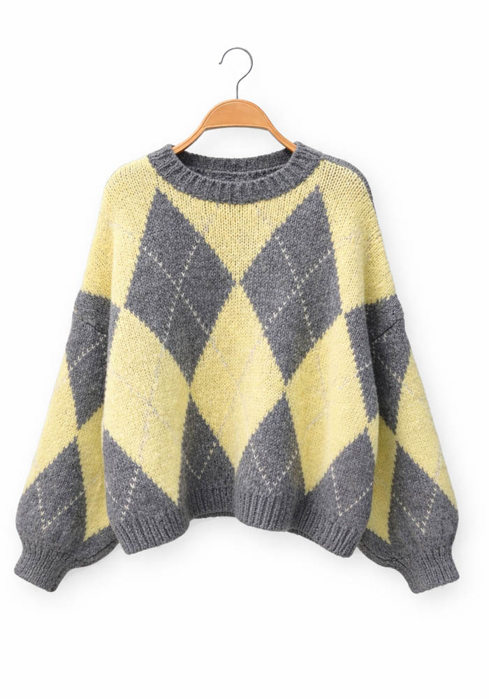 πλεκτό πουλόβερ με ρόμβους Funky Diamond κίτρινο