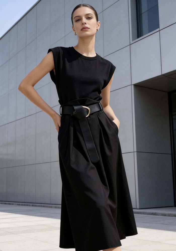 Μαύρο maxi φόρεμα με ζώνη, δομημένους ώμους και διπλό ύφασμα με ελαστικό επάνω μέρος και σταθερή φούστα
