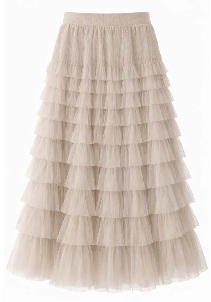 boho chic maxi φούστα τούλι Frilly μπεζ