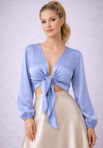 Σιέλ σατέν μπολερό με μπροστινό δέσιμο και μακριά μανίκια