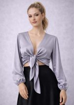 Γκρι σατέν μπολερό με μπροστινό δέσιμο και μακριά μανίκια