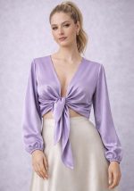 Λιλά σατέν μπολερό με μπροστινό δέσιμο και μακριά μανίκια