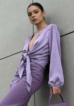 Λιλά σατέν μπολερό με μπροστινό δέσιμο και μακριά μανίκια