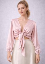 Ροζ σατέν μπολερό με μπροστινό δέσιμο και μακριά μανίκια