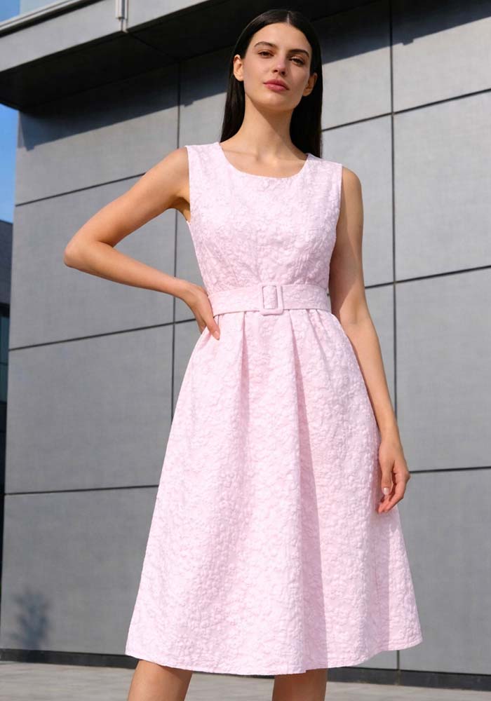 Midi ροζ φόρεμα με ζώνη στη μέση και ανάγλυφη υφή, αμάνικο