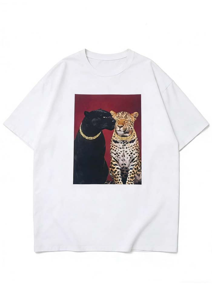 Λευκό oversized T-shirt με graphic print πάνθηρα και λεοπάρδαλη σε luxury streetwear σχέδιο