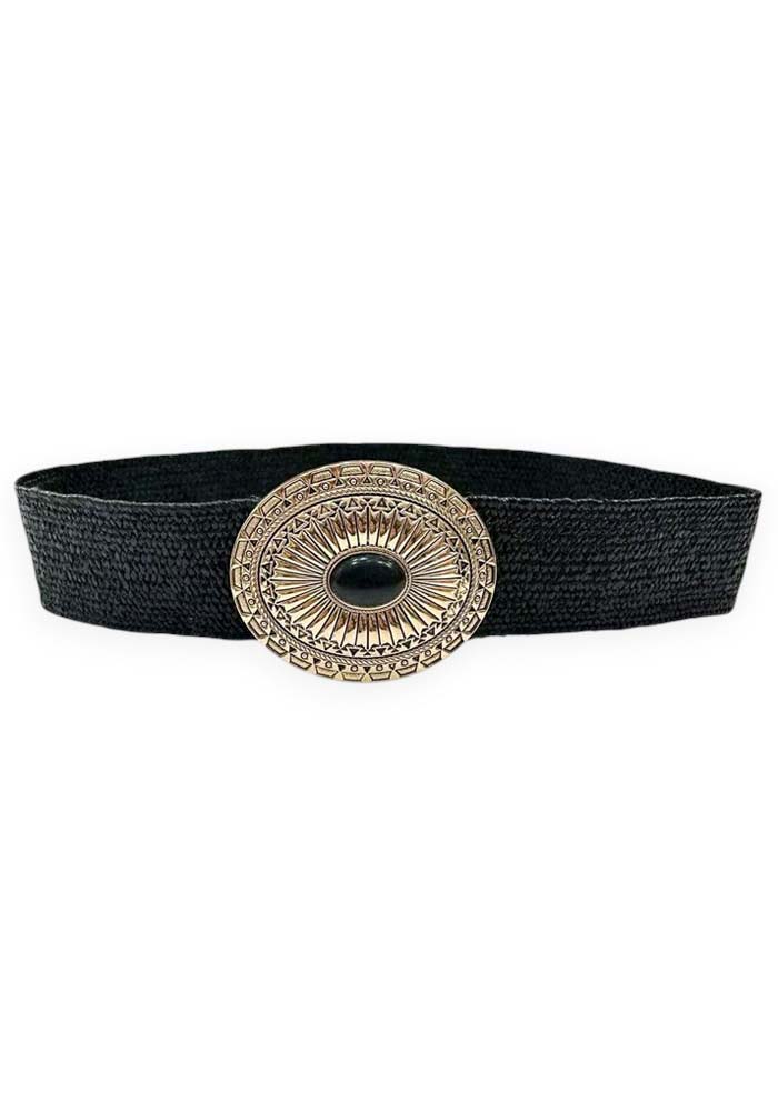 Μαύρη ψάθινη γυναικεία ελαστική ζώνη Kimberly με στρογγυλή μεταλλική ethnic αγκράφα σε boho καλοκαιρινό στυλ.