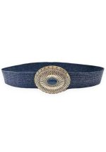 Μπλε ψάθινη γυναικεία ελαστική ζώνη Kimberly με στρογγυλή μεταλλική ethnic αγκράφα σε boho καλοκαιρινό στυλ.