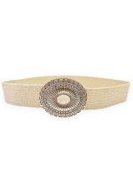 Εκρού ψάθινη γυναικεία ελαστική ζώνη Kimberly με στρογγυλή μεταλλική ethnic αγκράφα σε boho καλοκαιρινό στυλ.