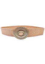 Nude ψάθινη γυναικεία ελαστική ζώνη Kimberly με στρογγυλή μεταλλική ethnic αγκράφα σε boho καλοκαιρινό στυλ.