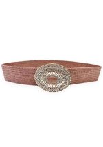 Σάπιο μήλο ψάθινη γυναικεία ελαστική ζώνη Kimberly με στρογγυλή μεταλλική ethnic αγκράφα σε boho καλοκαιρινό στυλ.