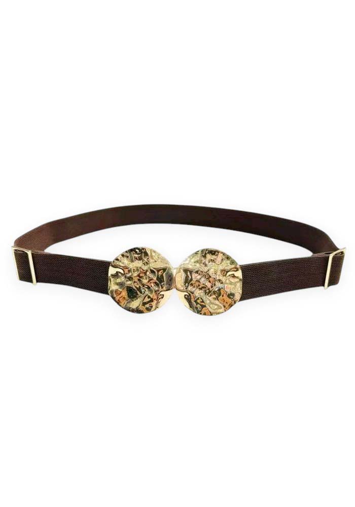 Καφέελαστική γυναικεία ζώνη Goldie με διπλή στρογγυλή χρυσή ανάγλυφη αγκράφα σε modern elegant στυλ.